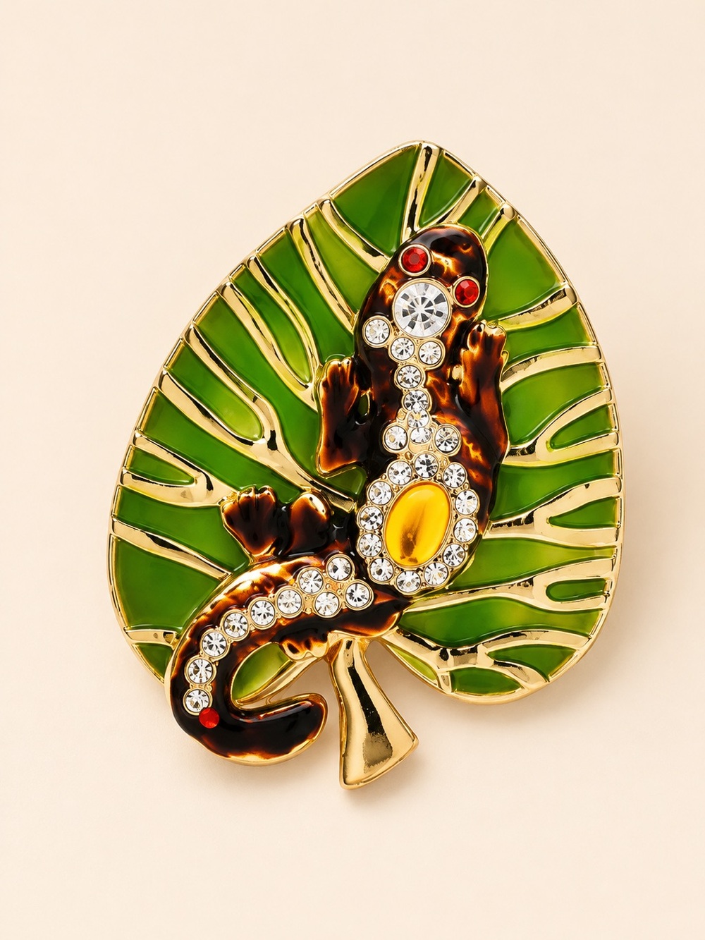 Gecko Tropical Leaf Green Crystal Brooch